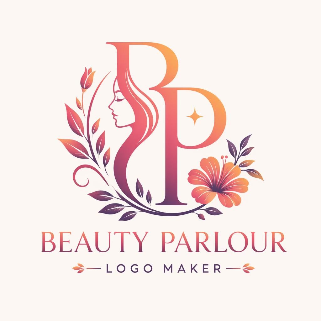 Botanical illustrated monogram logo for beauty parlour logo maker with sunset gradient text on a neutral background.