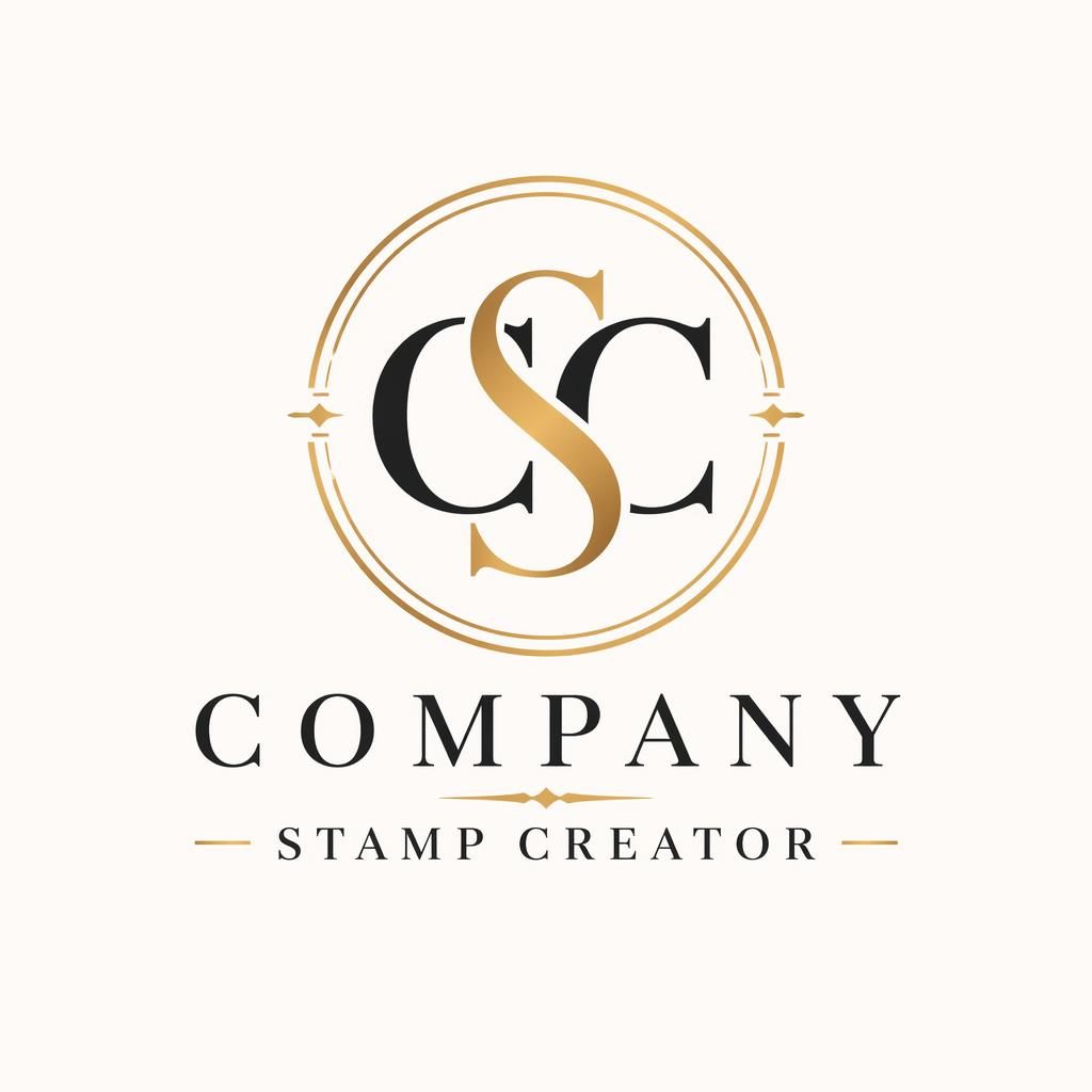 Elegant serif lettermark logo for company stamp creator in black and gold on a neutral square background.