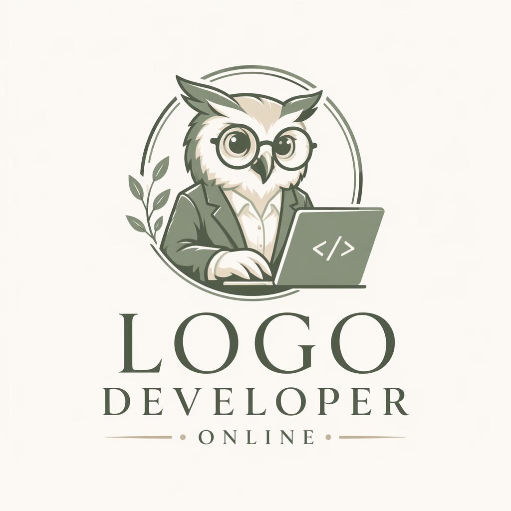 Square mascot logo for Logo Developer Online with elegant serif text in sage and cream on a neutral background.