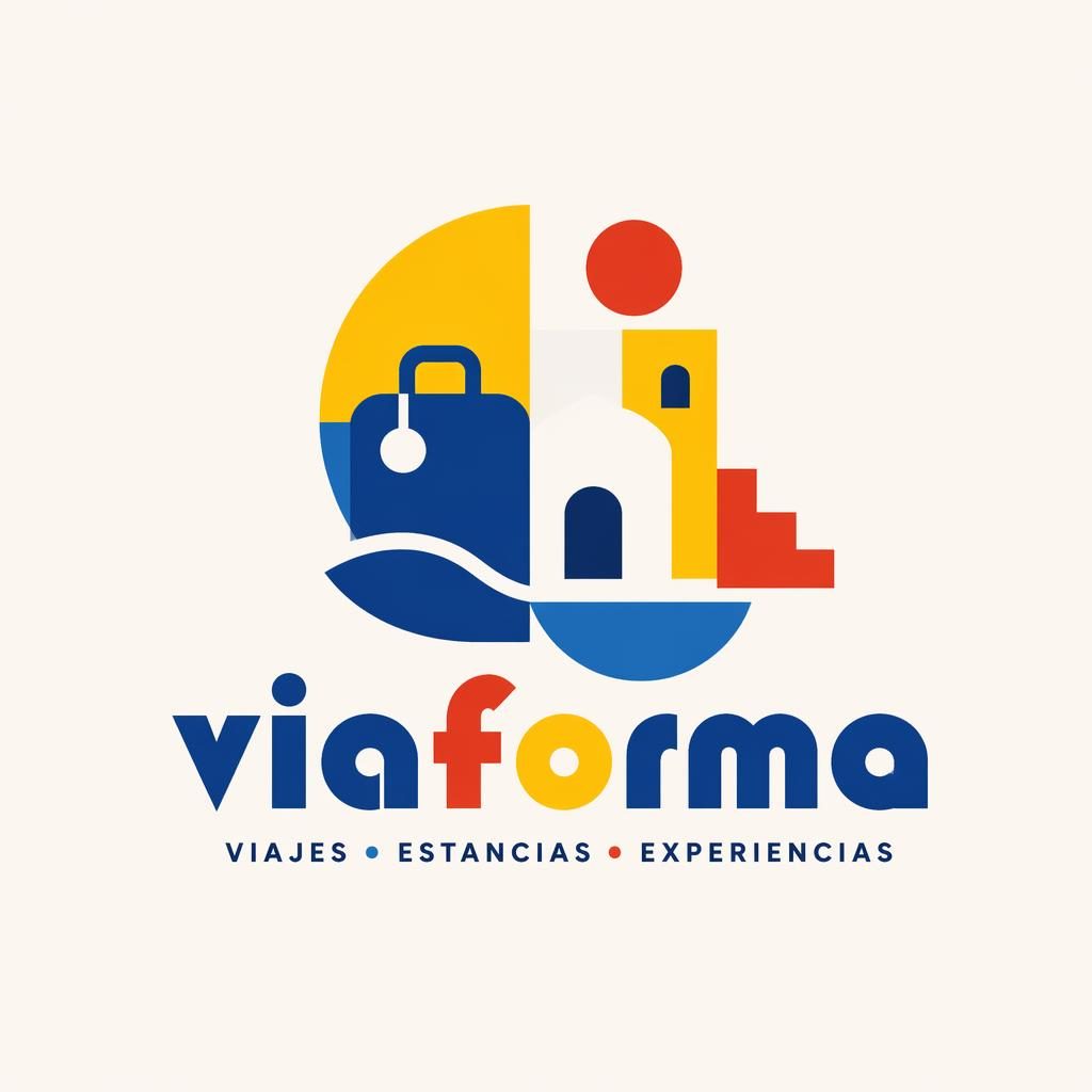Logotipo vectorial centrado para marca de viaje y hospitalidad, con wordmark e icono bauhaus en colores primarios.