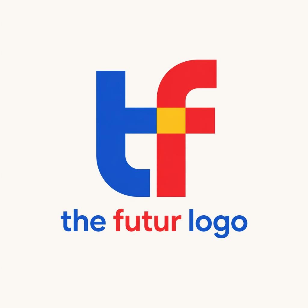 Centered monogram logo for the futur logo with matching wordmark, playful primary colors, on a neutral square background.