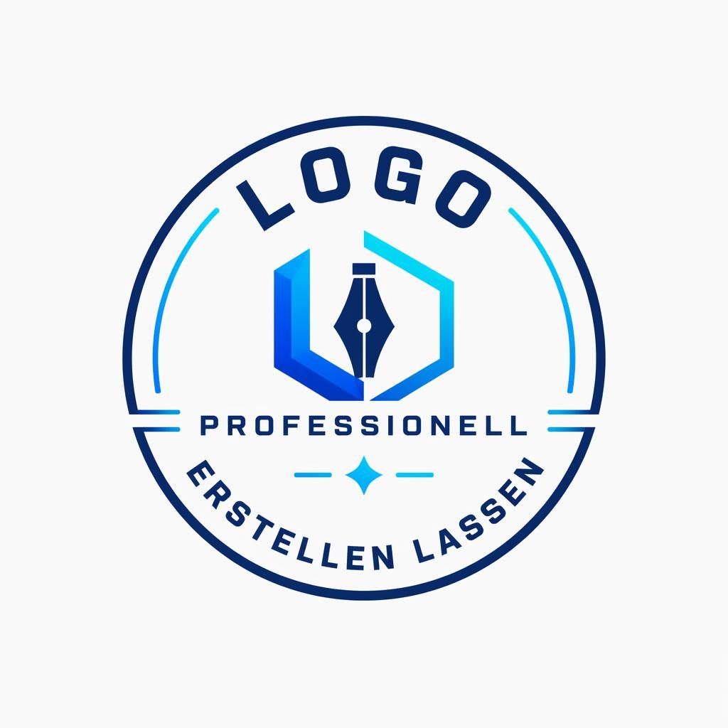 Modernes minimalistisches Emblem-Logo in Blau und Cyan mit zentrierter Wortmarke auf neutralem Hintergrund