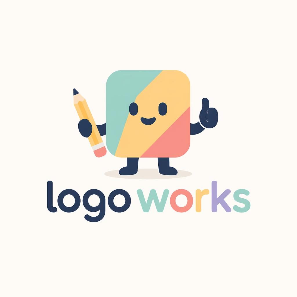 Geometric pastel mascot logo for Logo Works with matching brand typography, centered on a neutral square background.