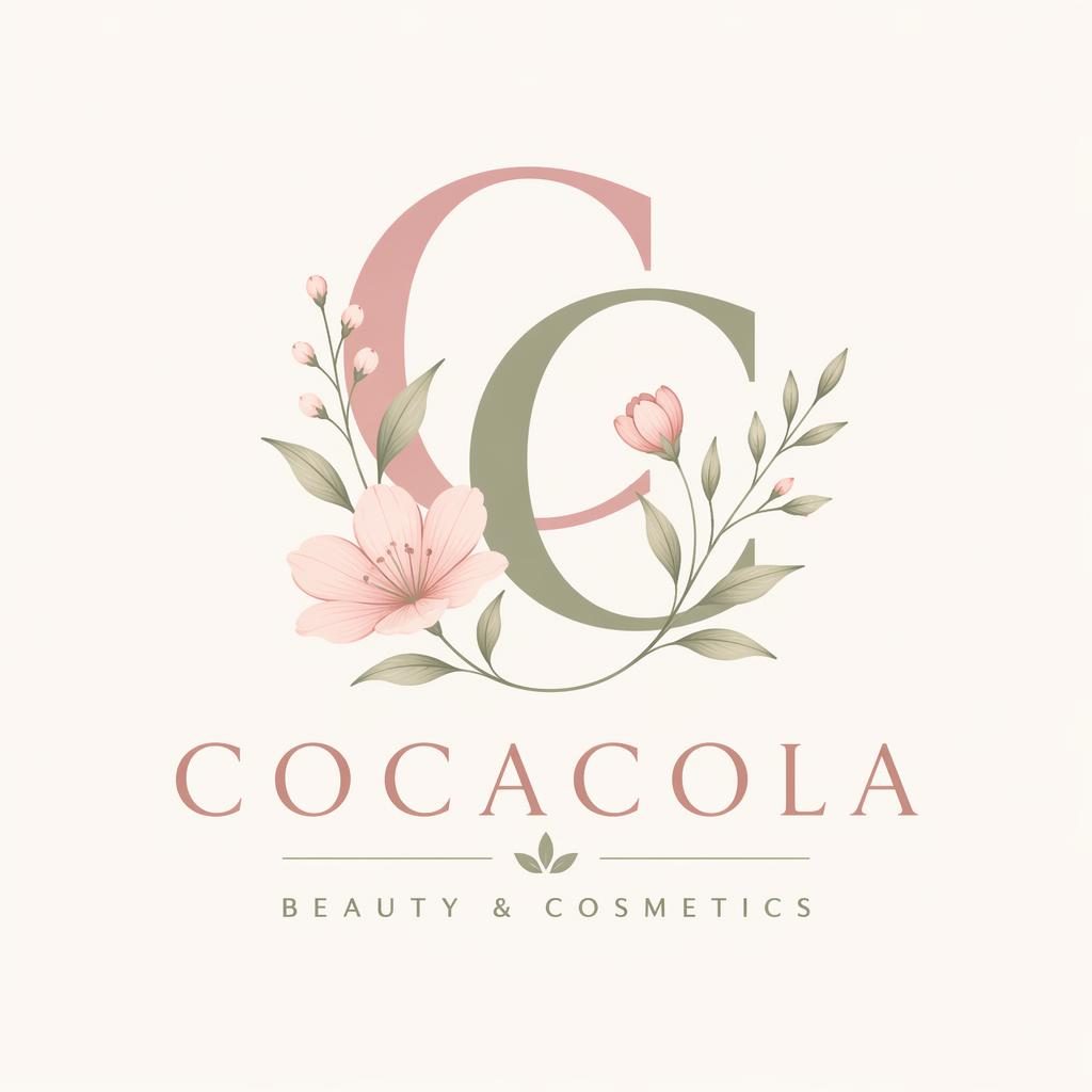 Centered botanical monogram logo for Cocacola in soft pastel colors on a neutral background, clean vector style.