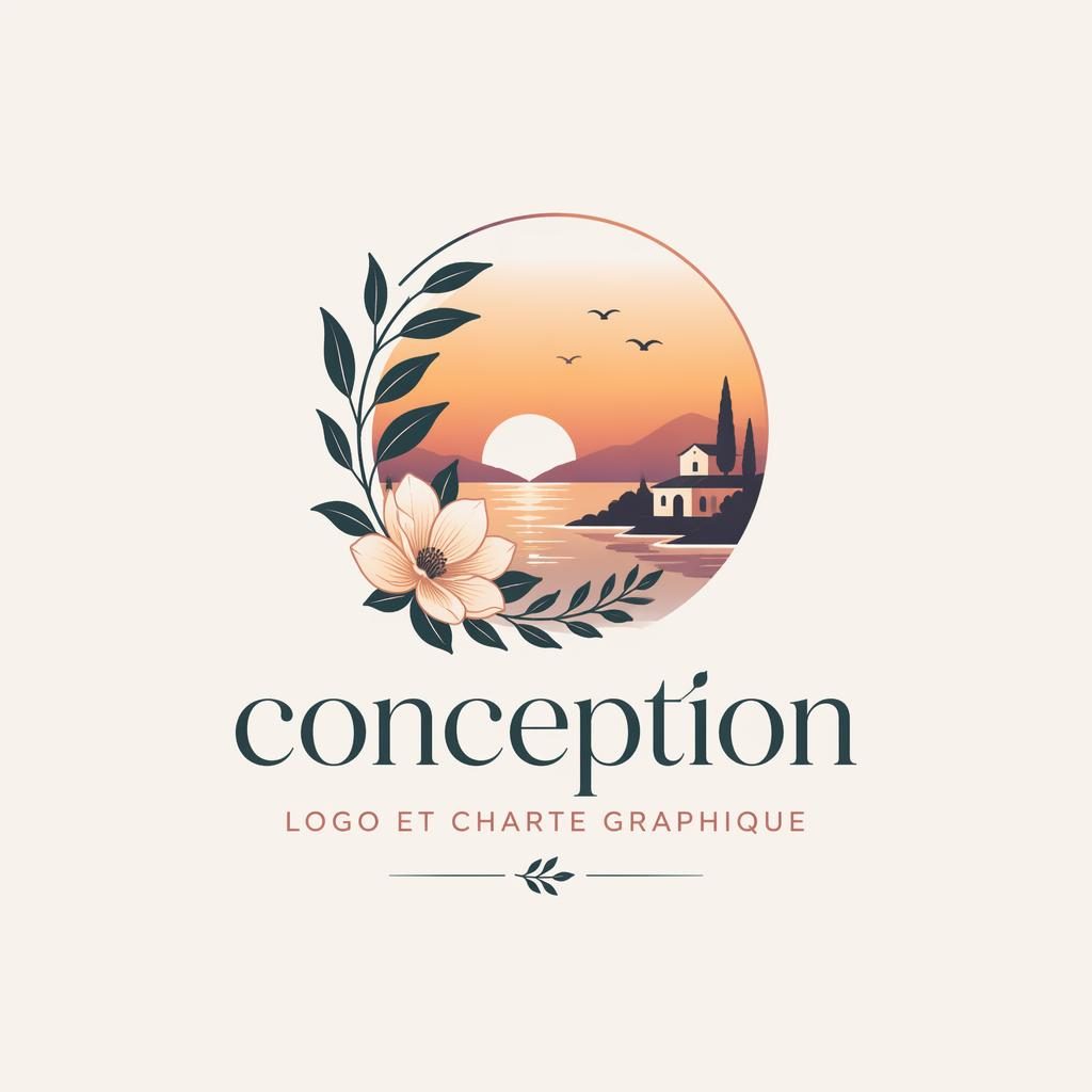 Logo vectoriel carré avec nom de marque, icône botanique et dégradé coucher de soleil sur fond neutre
