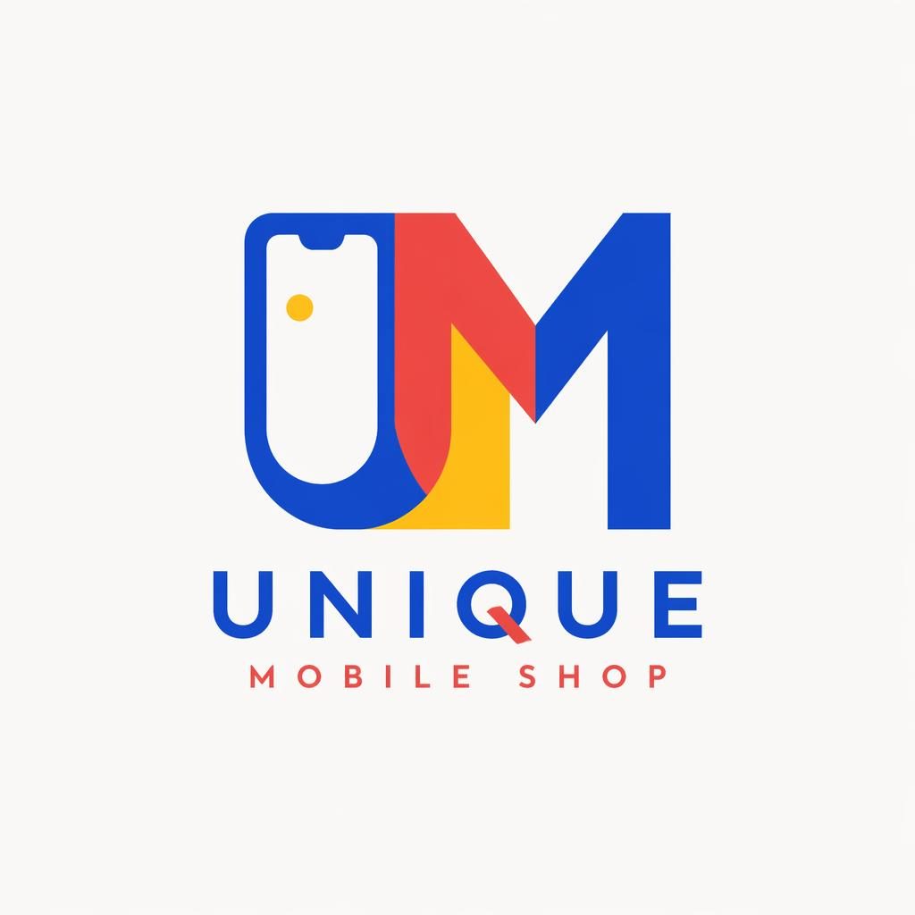 Centered monogram logo for Unique Mobile Shop Name in playful primary colors on a neutral square background.