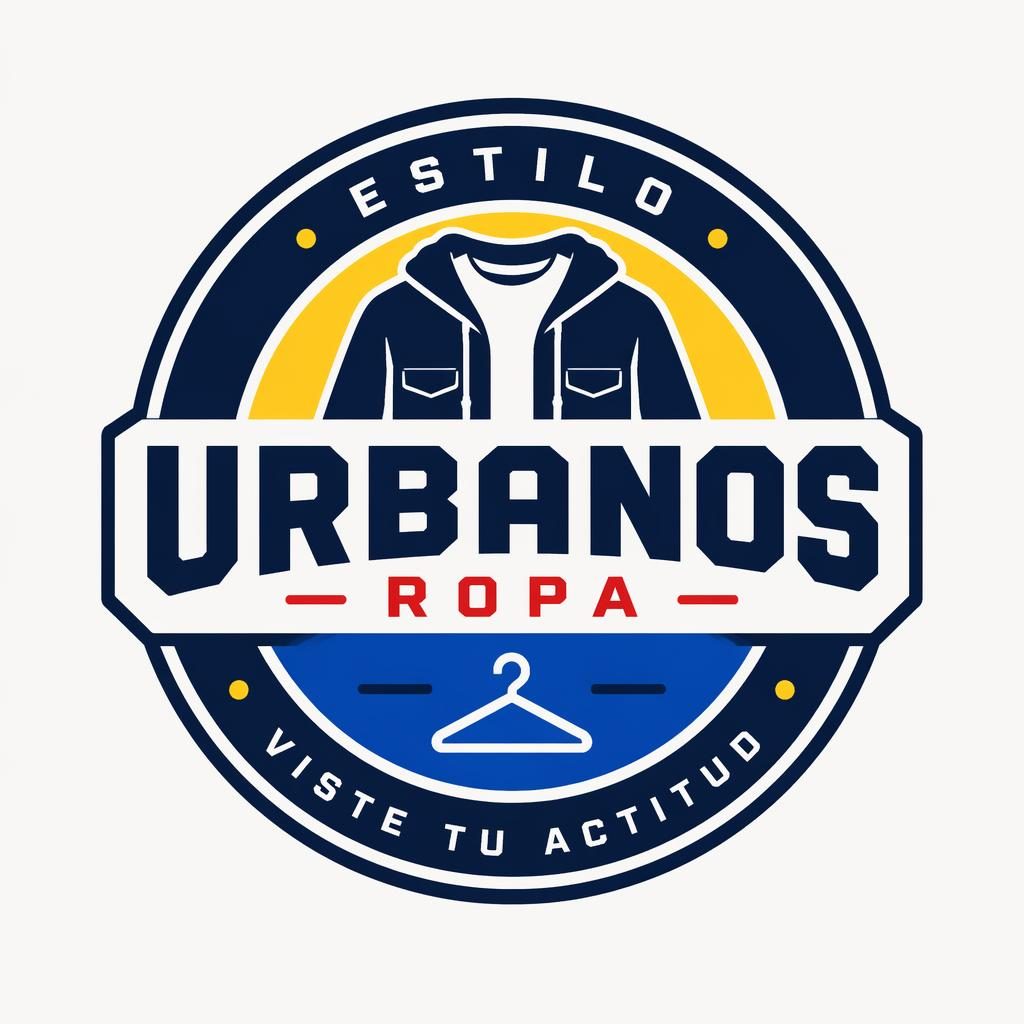 Logotipo tipo emblema para negocio de ropa, diseño industrial audaz con paleta primaria y fondo neutro