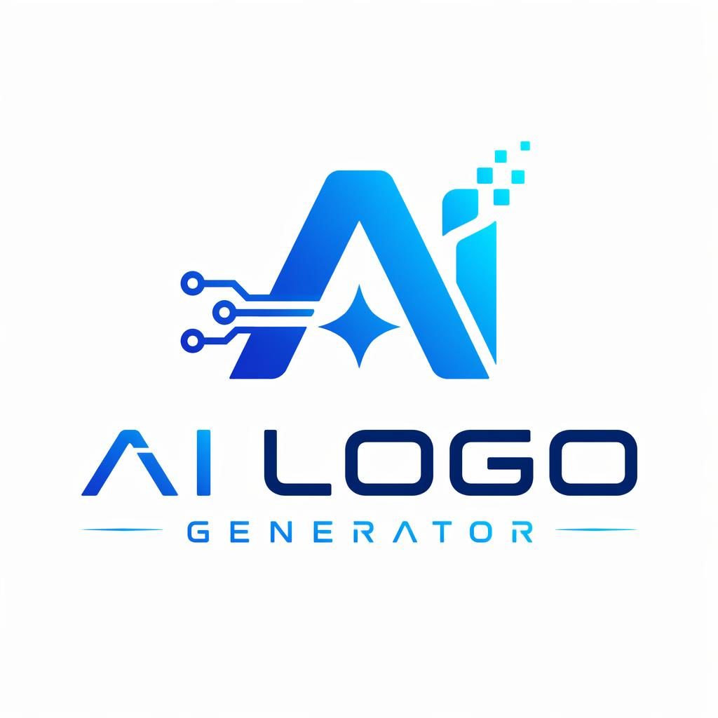 Vierkant logo voor AI Logo Generator met woordmerk en abstract AI-icoon in tech blauw en cyaan op neutrale achtergrond.