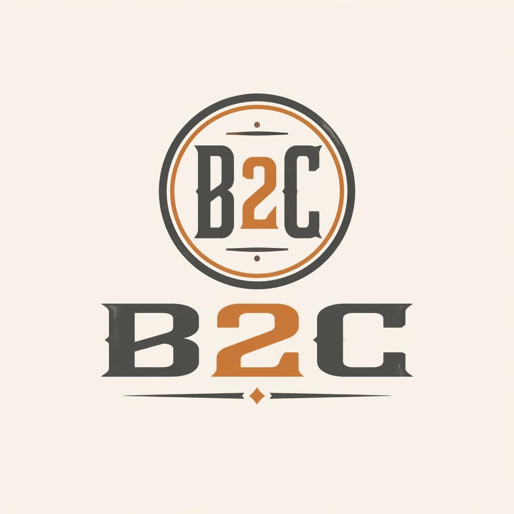 Centered luxury b2c logo wordmark with icon in vintage retro style, industrial gray and orange on a neutral background.