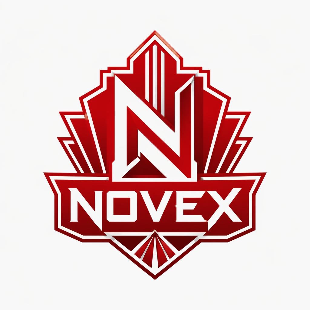 Centered red and white art deco gaming emblem logo for Novex on a neutral background, with clean vector-style typography.