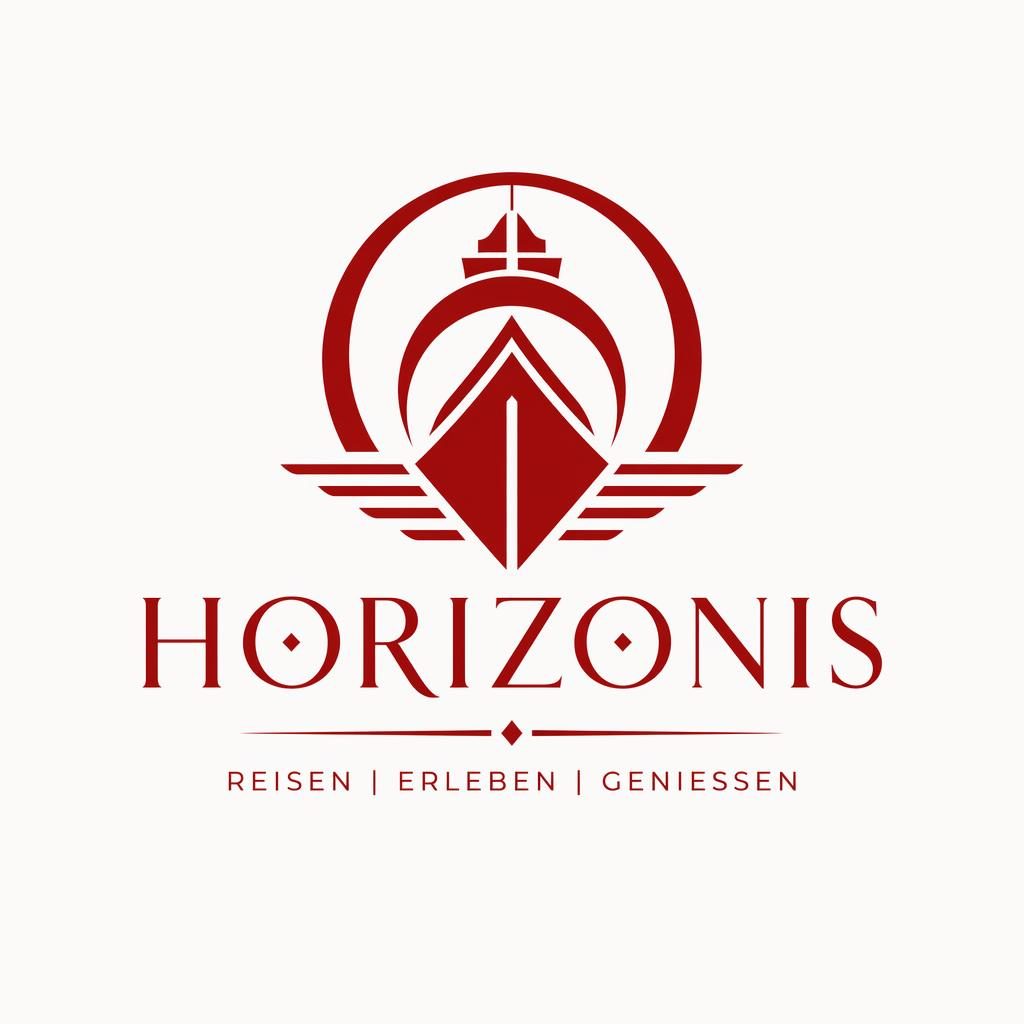 Abstraktes Firmenlogo in Rot und Weiß im Art-Déco-Stil, zentriert auf neutralem Hintergrund mit passender Typografie.