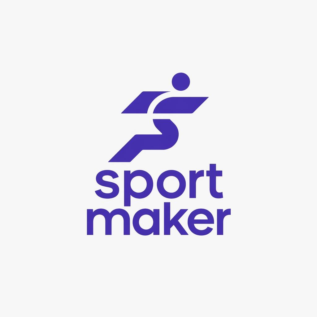 Centered Sport Maker wordmark logo with icon in royal purple, Swiss-style typography on a neutral square background.