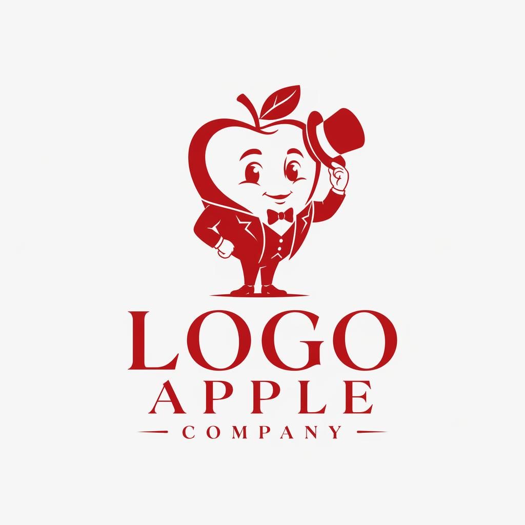 Centered mascot character logo for logo apple company in elegant serif style with bold red and white colors on neutral background.