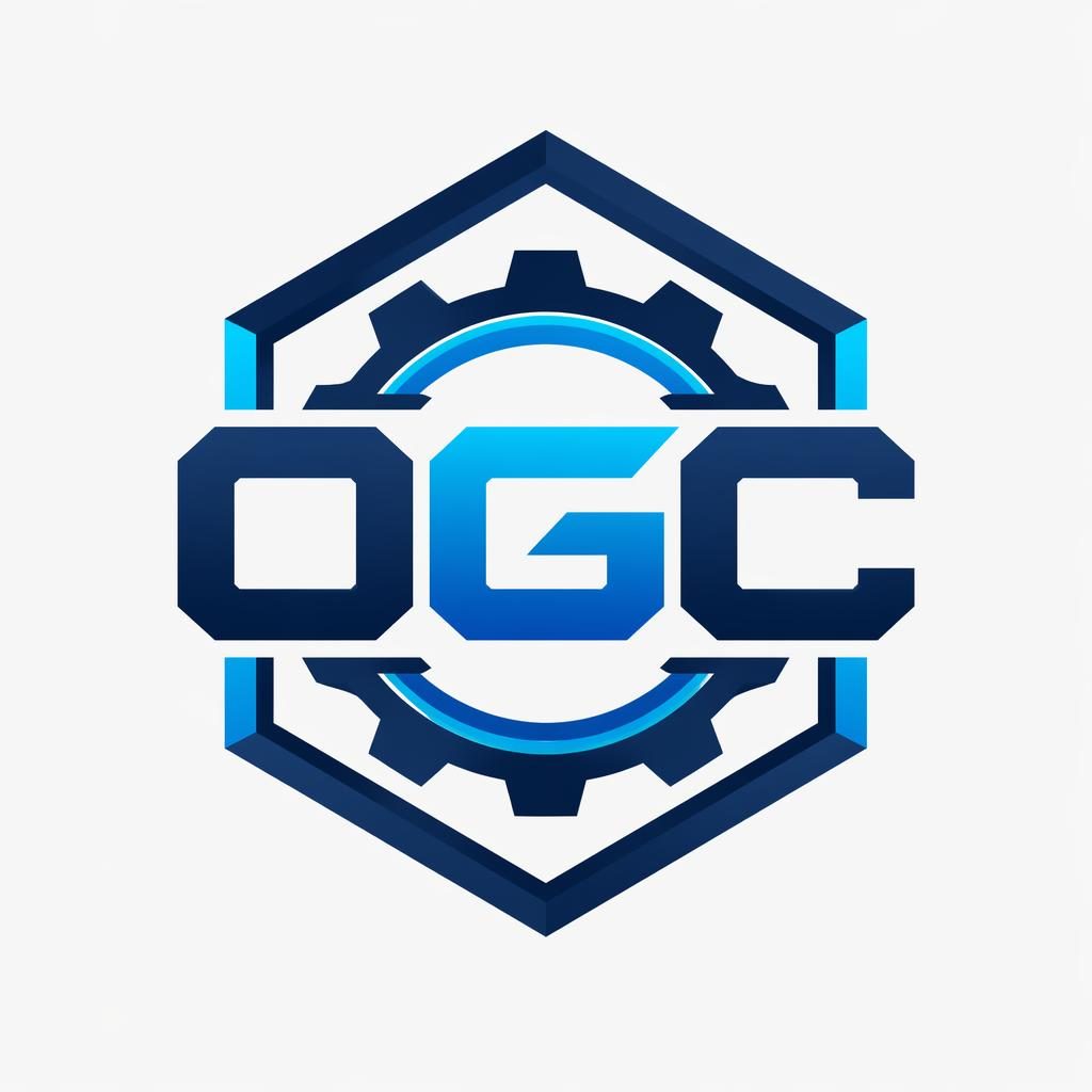 Centered OGC logo emblem with bold industrial typography in blue and cyan on a neutral background