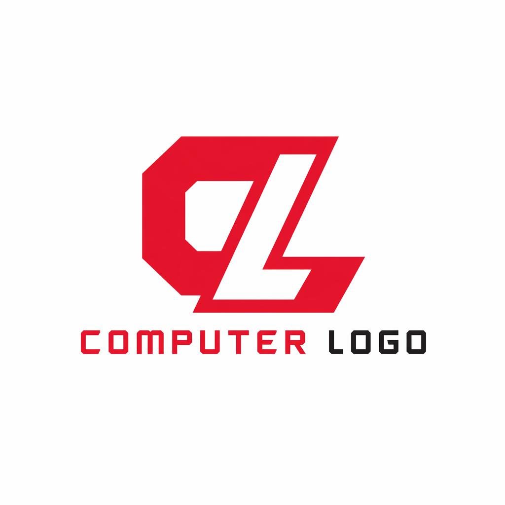 Geometric lettermark computer logo in bold red and white, centered on a neutral background with clean vector styling.