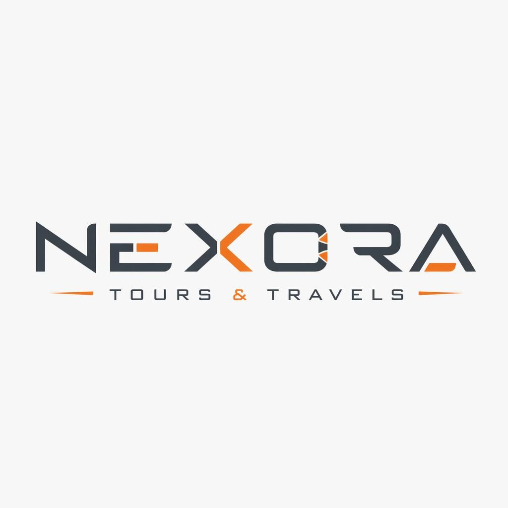 Luxury tours and travels company wordmark logo in futuristic typography with industrial gray and orange on neutral background.