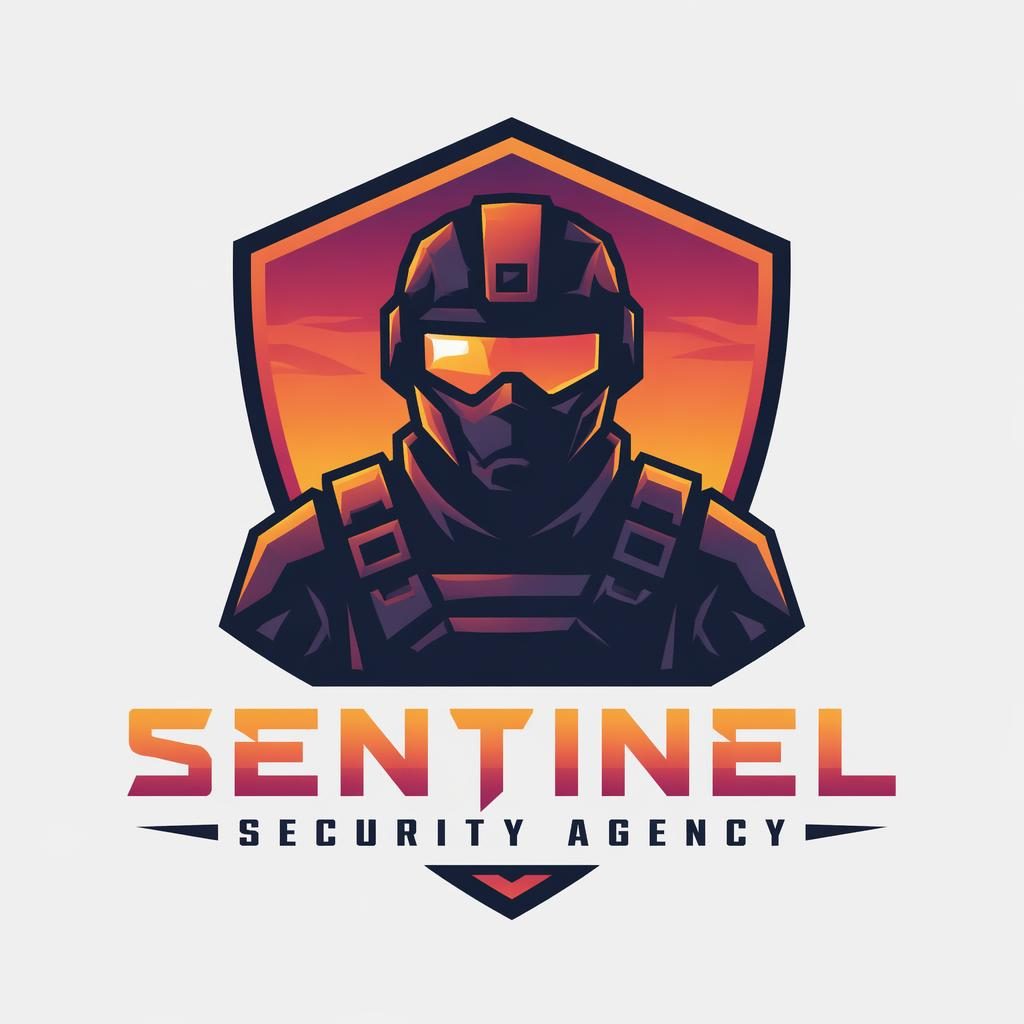 Geometric mascot-style security agency logo with sunset gradient colors, centered on a neutral background in a clean vector design.
