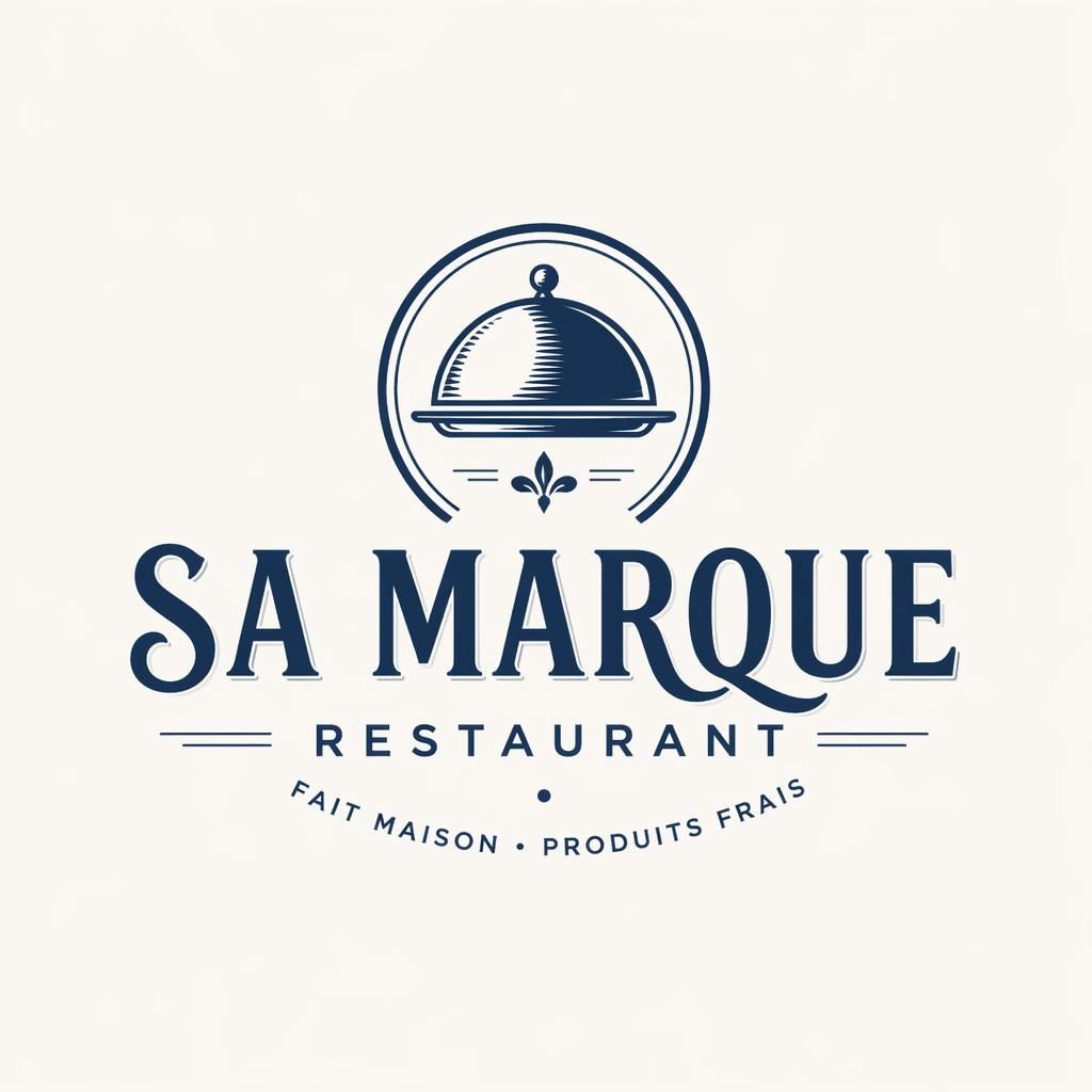 Logo vectoriel centré de style vintage rétro pour restaurant, mot-symbole avec icône, palette bleu marine et blanc.