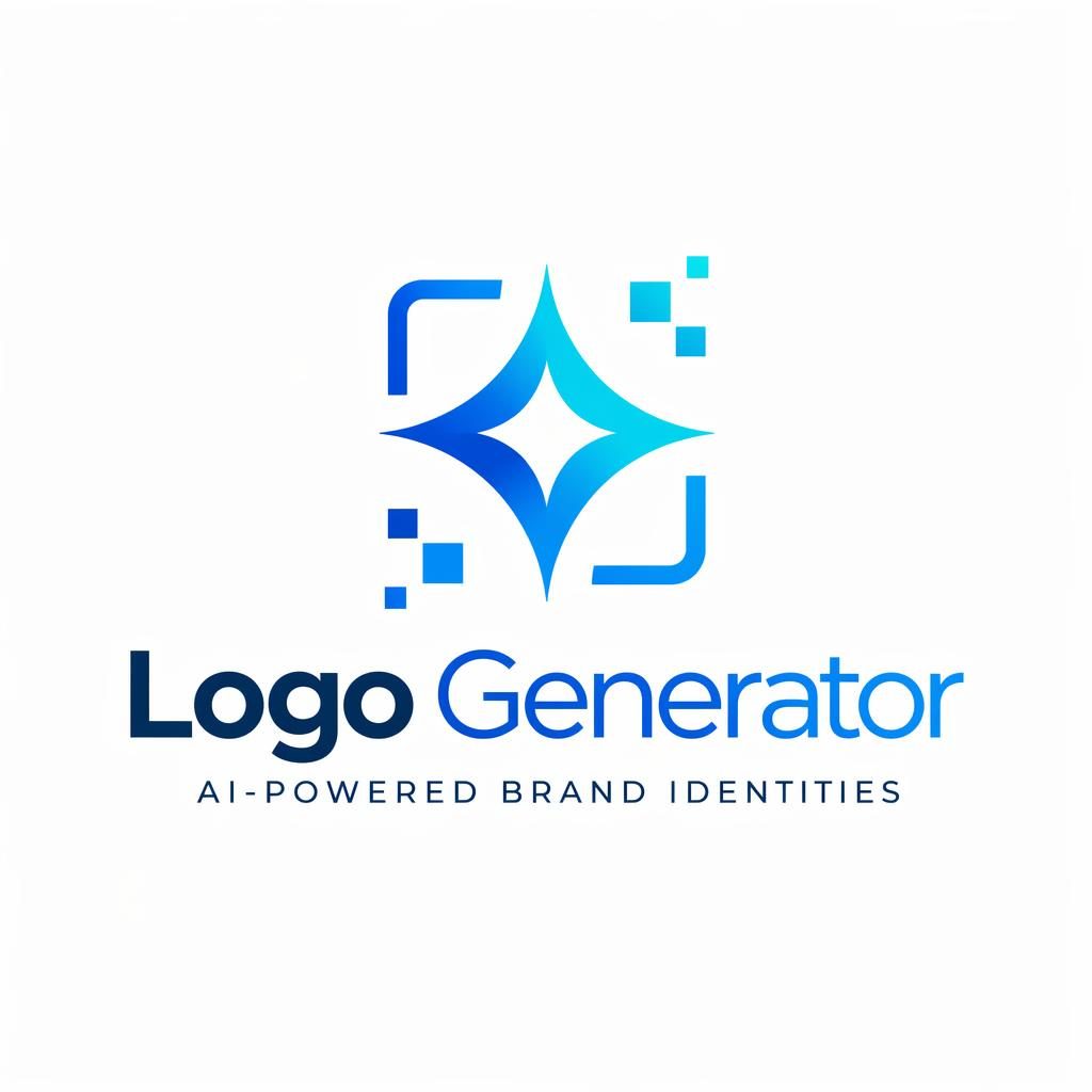 Kvadratisk logotyp med ordmärket Logo Generator och abstrakt blå cyan-symbol på neutral bakgrund.