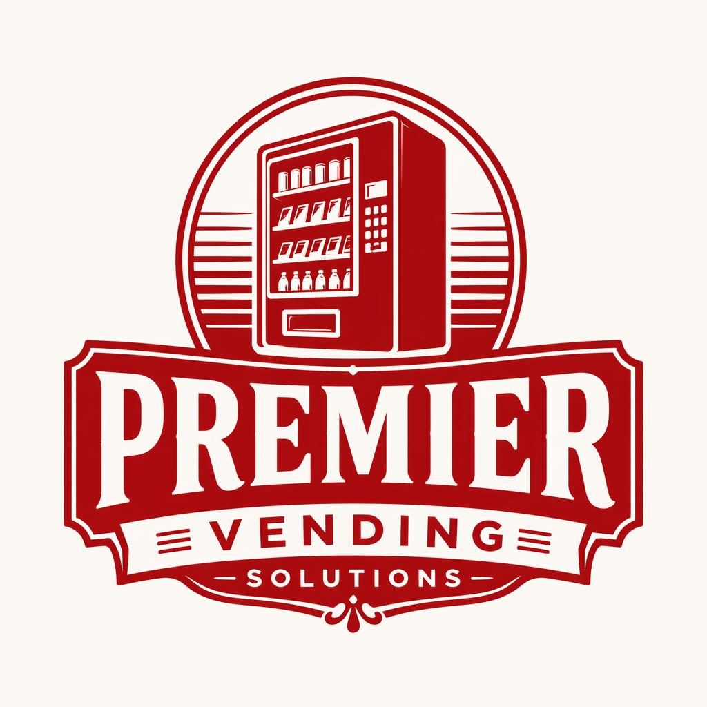 Vector wordmark logo with icon for a vending machine company, in vintage retro red and white on a neutral background.