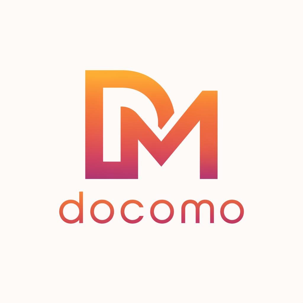 Centered docomo logo monogram with Swiss-style typography and a sunset gradient on a neutral square background.