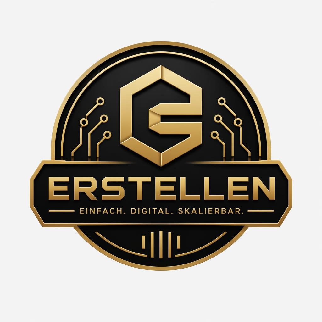 Zentriertes Emblem-Logo für ein Tech-SaaS-Unternehmen in Schwarz und Gold auf neutralem Hintergrund, klar und vektorbasiert.