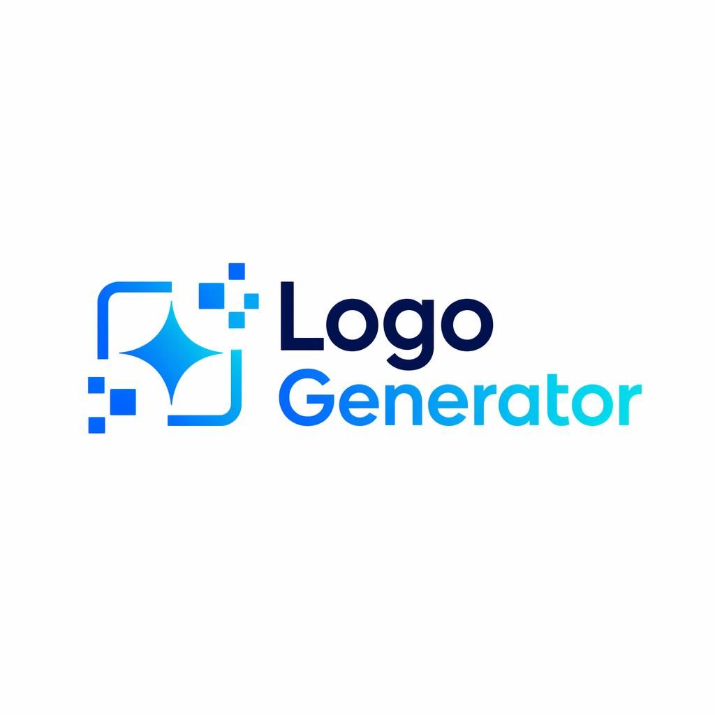 Minimalistyczne logo Logo Generator z abstrakcyjną ikoną iskry obok nazwy, w odcieniach niebieskiego i cyjanu.