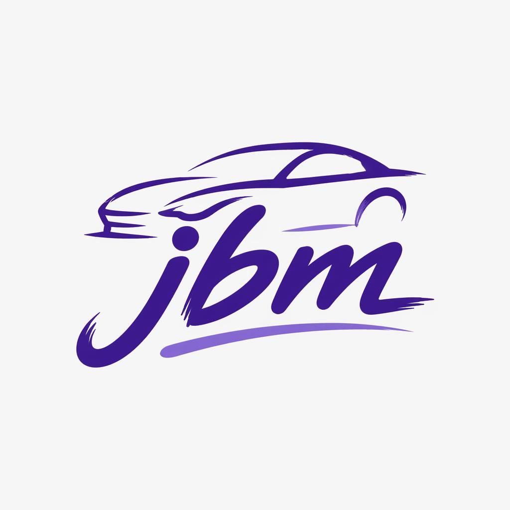 Hand-drawn royal purple automotive logo jbm with a combination wordmark and icon on a neutral square background.