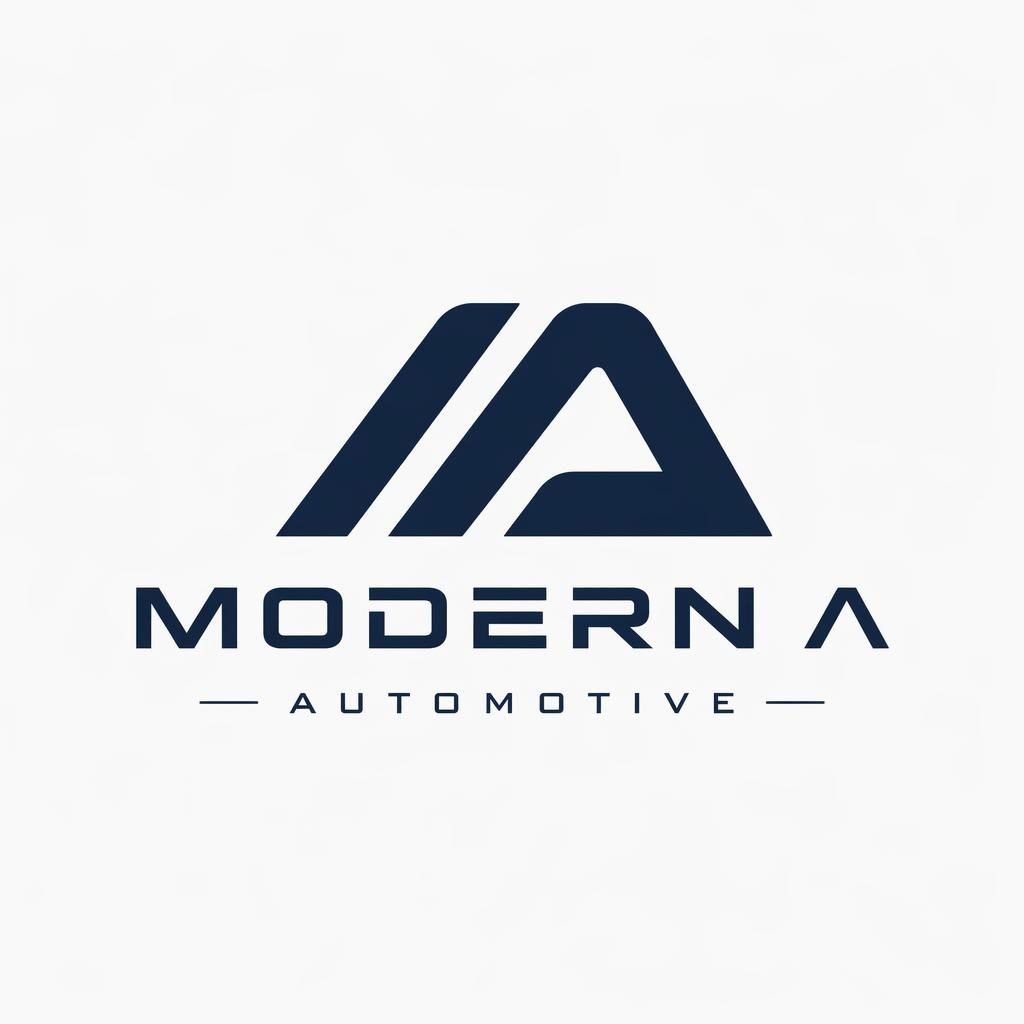 Abstract automotive logo in navy and white with bold industrial symbol and modern brand name on a neutral background.