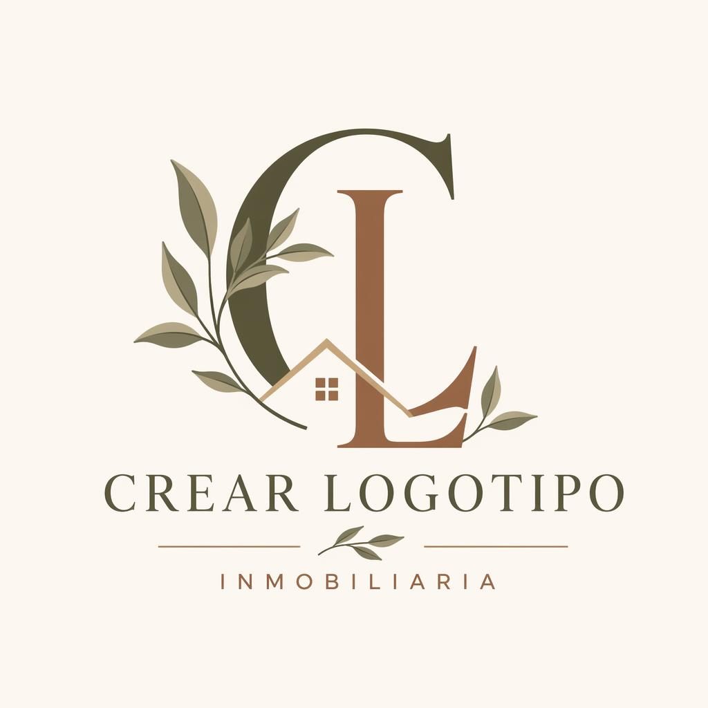 Logotipo cuadrado de inmobiliaria con monograma botánico en tonos tierra, composición centrada y fondo neutro.
