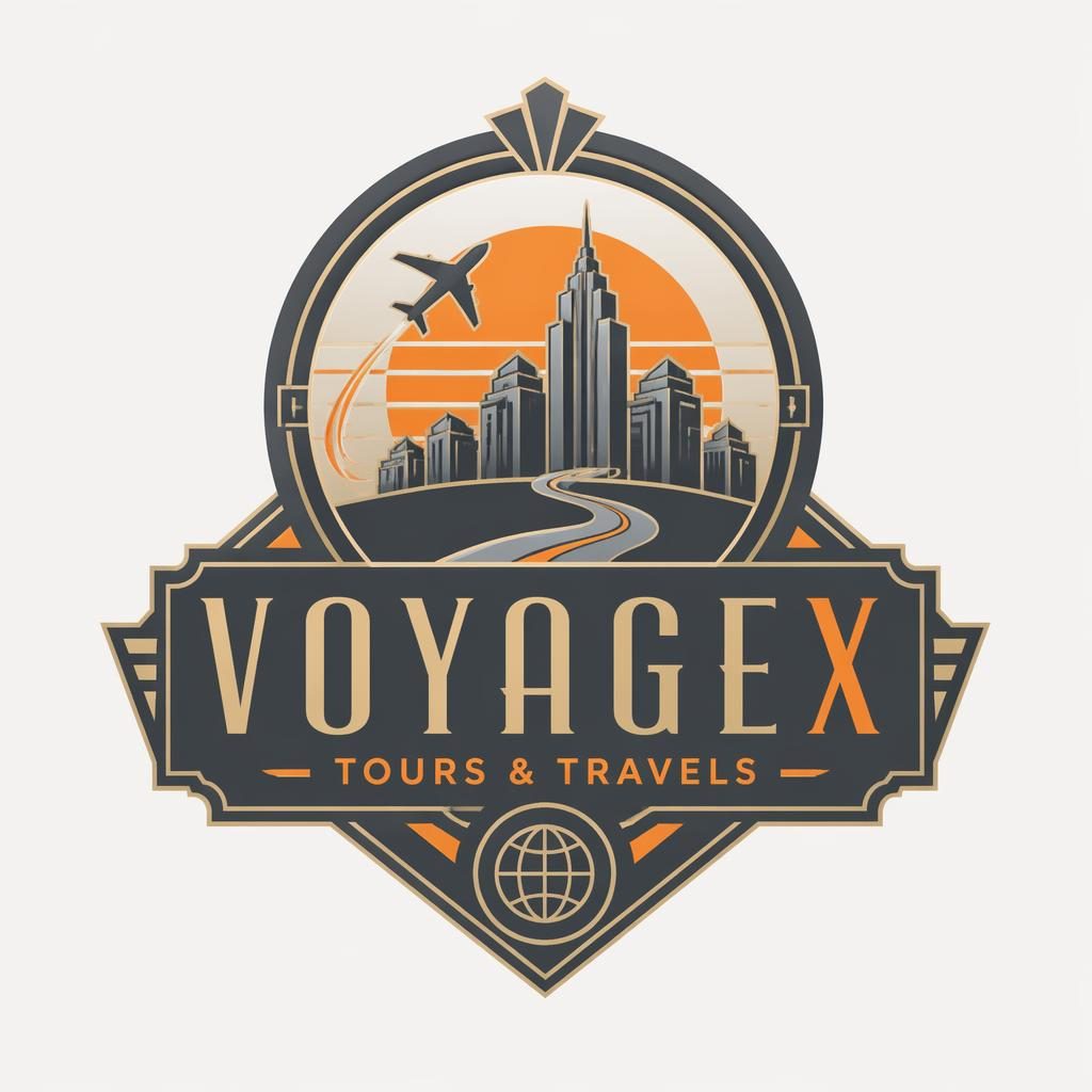 Centered art deco emblem logo for tours and travels company in industrial gray and orange on a neutral background.