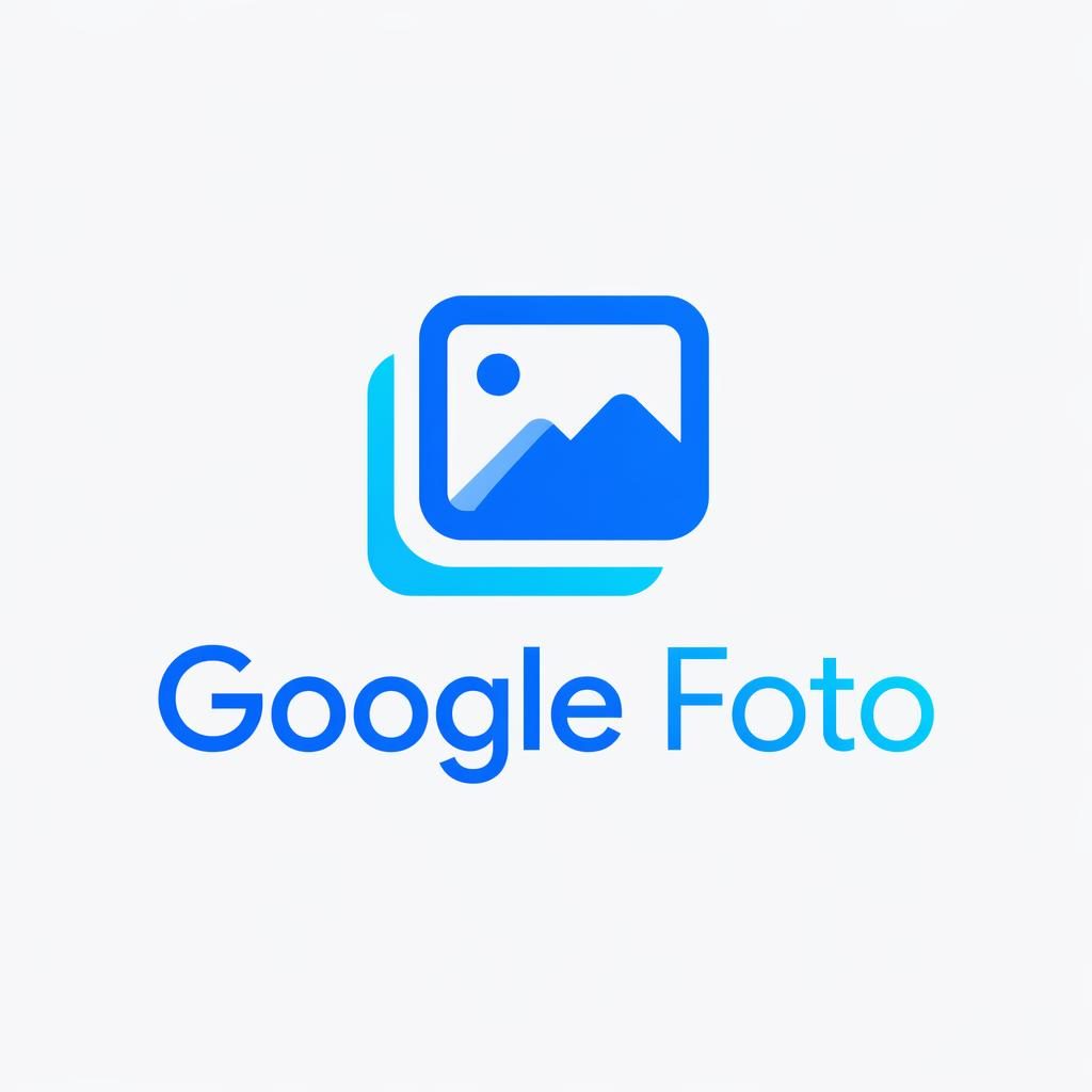 Logo quadrato di google foto con icona astratta gallery in blu e ciano su sfondo neutro e tipografia pulita