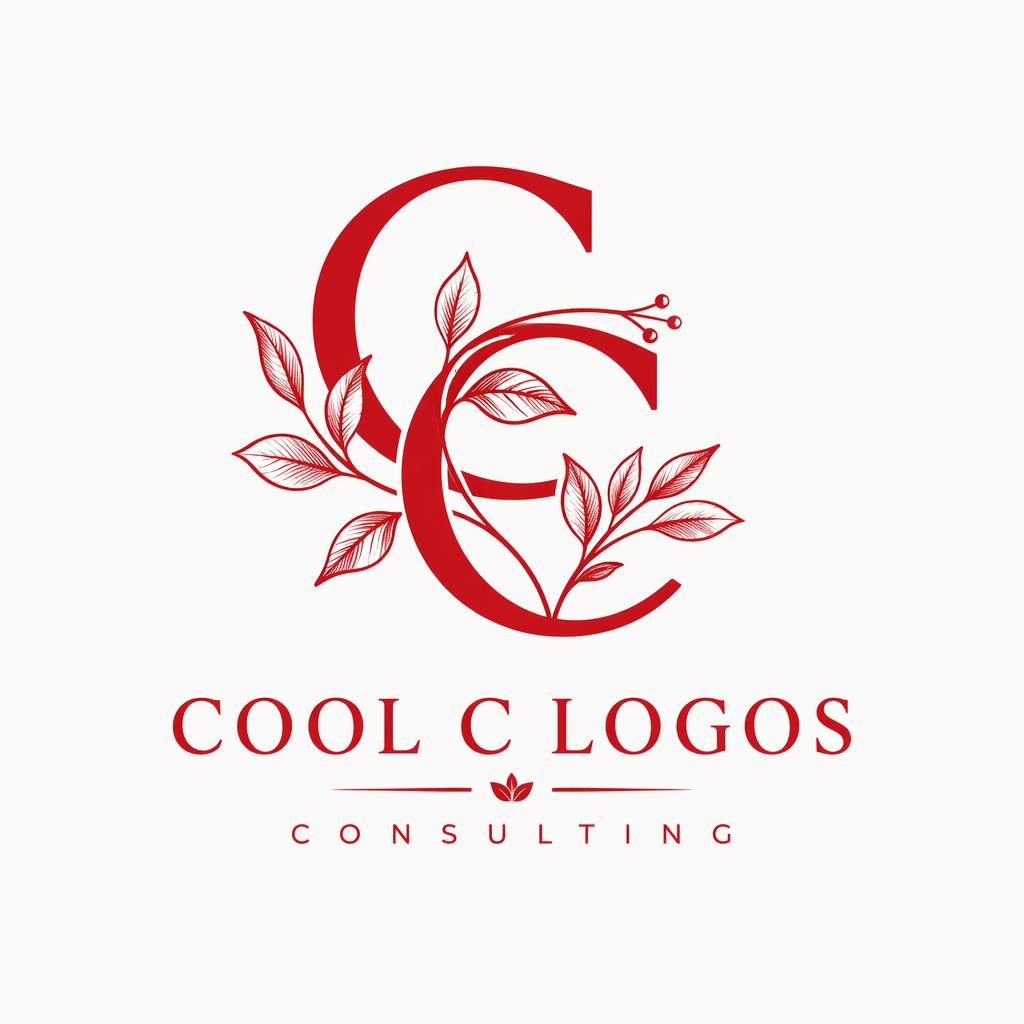 Botanical illustrated monogram logo for cool c logos in bold red and white, centered on a neutral square background.