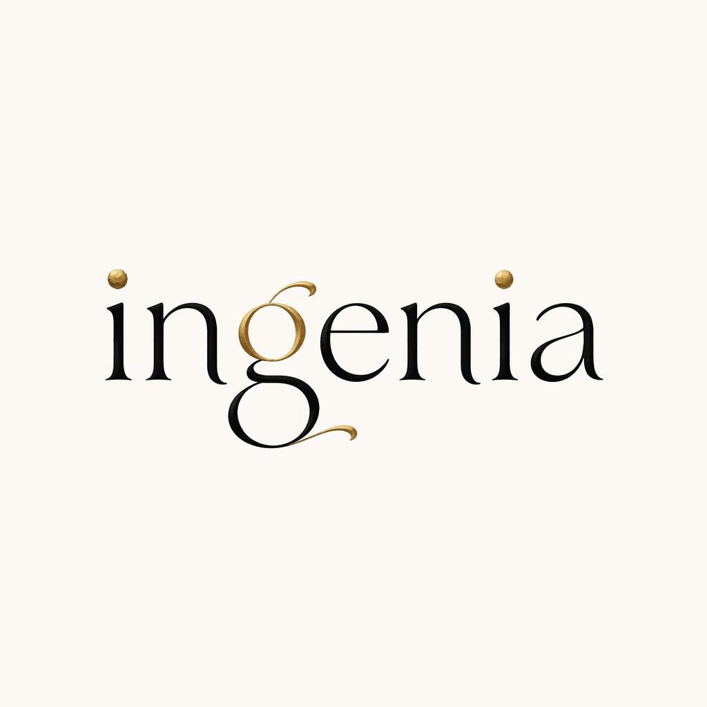 Centered Ingenia logo wordmark in hand-drawn organic typography, black and gold on a neutral square background.
