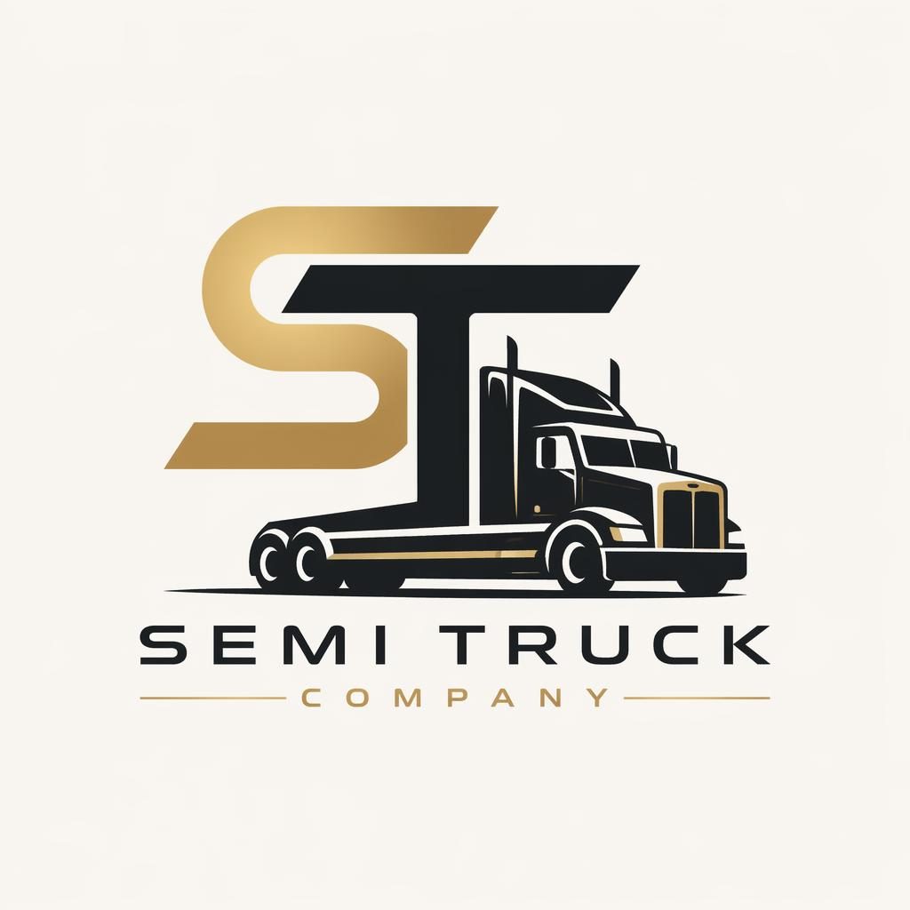 Centered black and gold monogram logo for a semi truck company logo design on a neutral background, vector style.