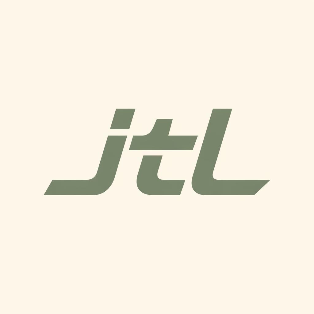 Centered JTL logo wordmark in futuristic typography, sage and cream colors, on a neutral square background.