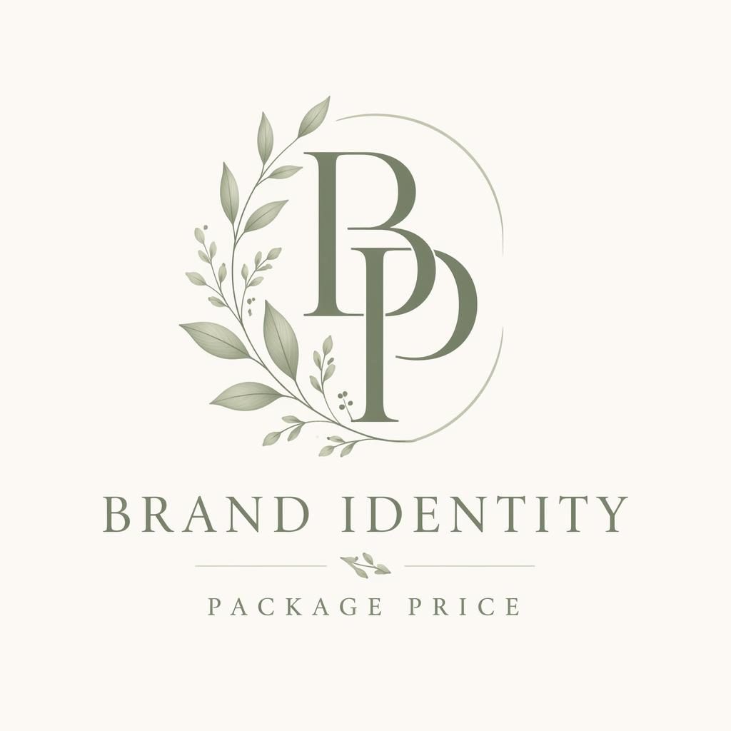 Botanical monogram logo for brand identity package price in sage and cream on a neutral square background.