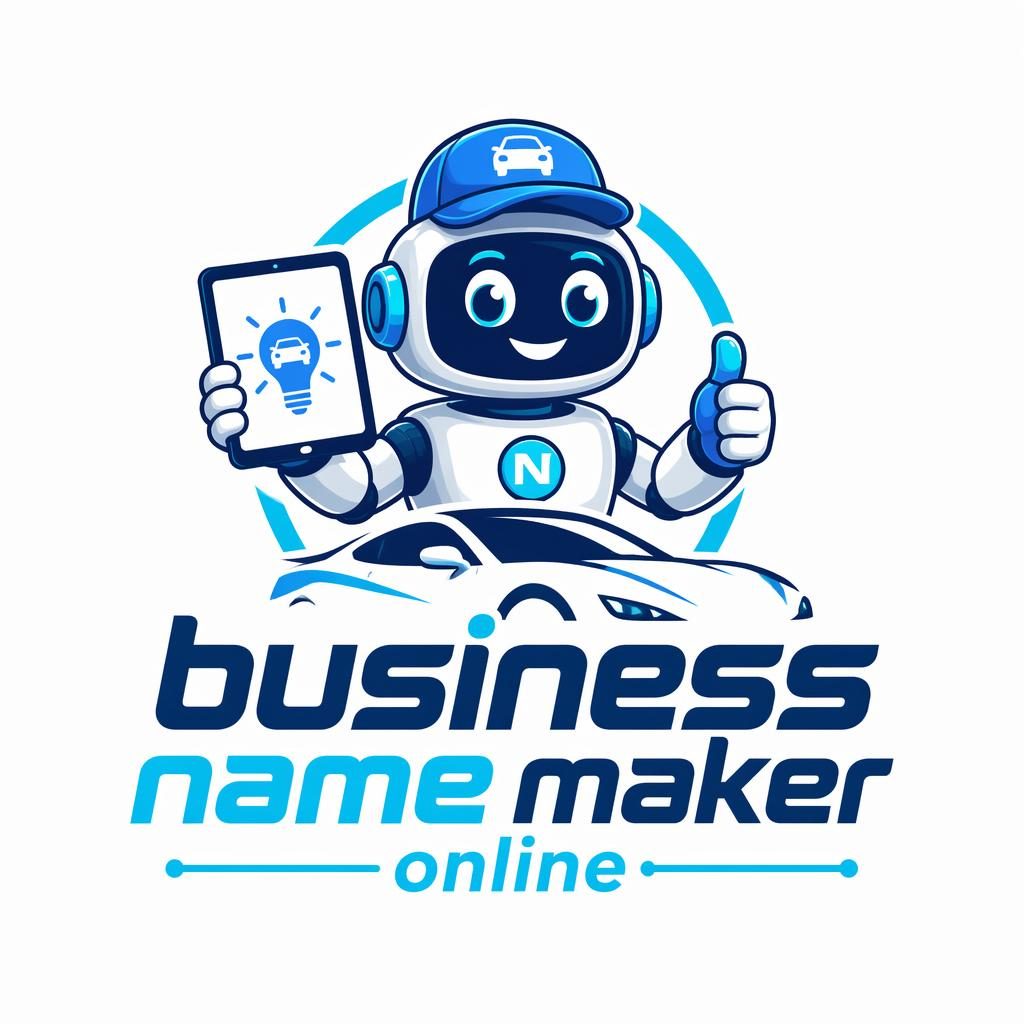 Playful cartoon automotive mascot logo in tech blue and cyan with clean centered brand text on a neutral background.