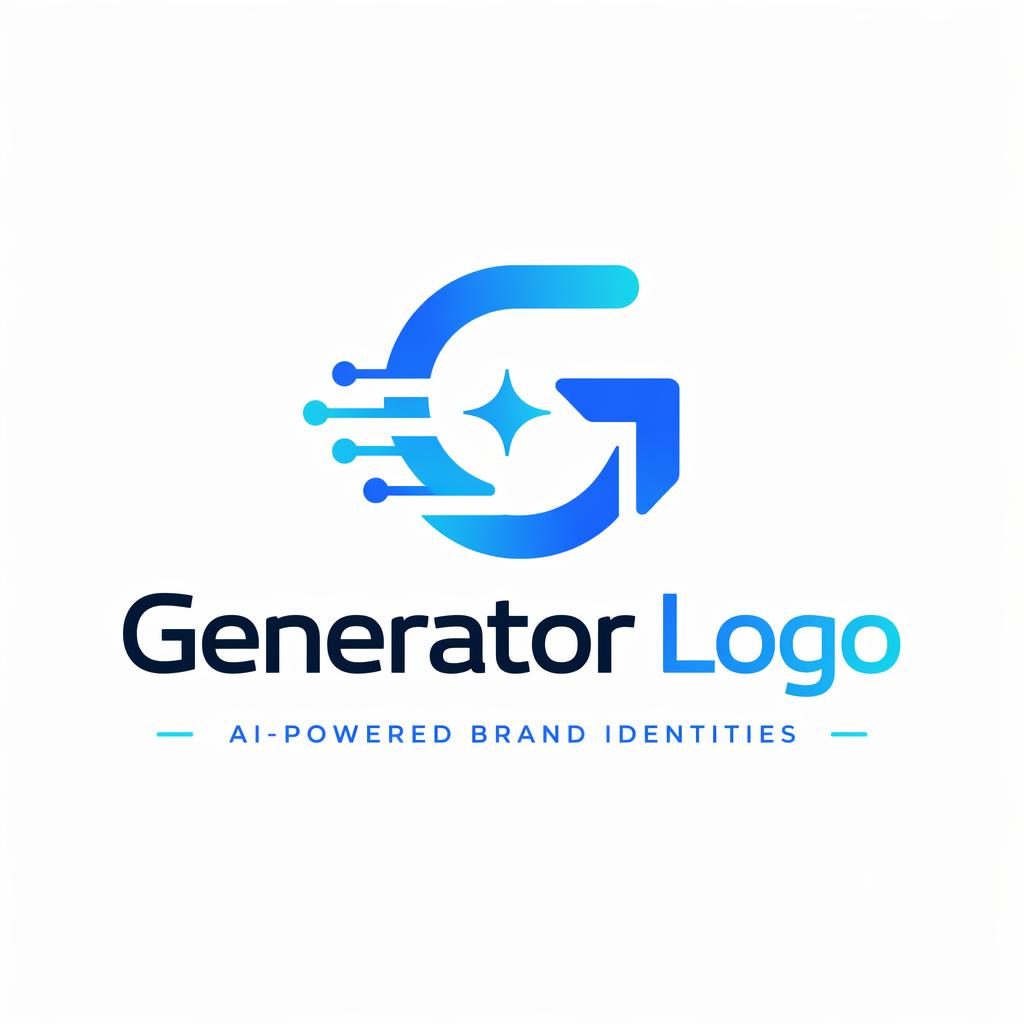 Nowoczesne logo Generator Logo z abstrakcyjną ikoną AI i minimalistycznym logotypem w odcieniach niebieskiego i cyjanu.