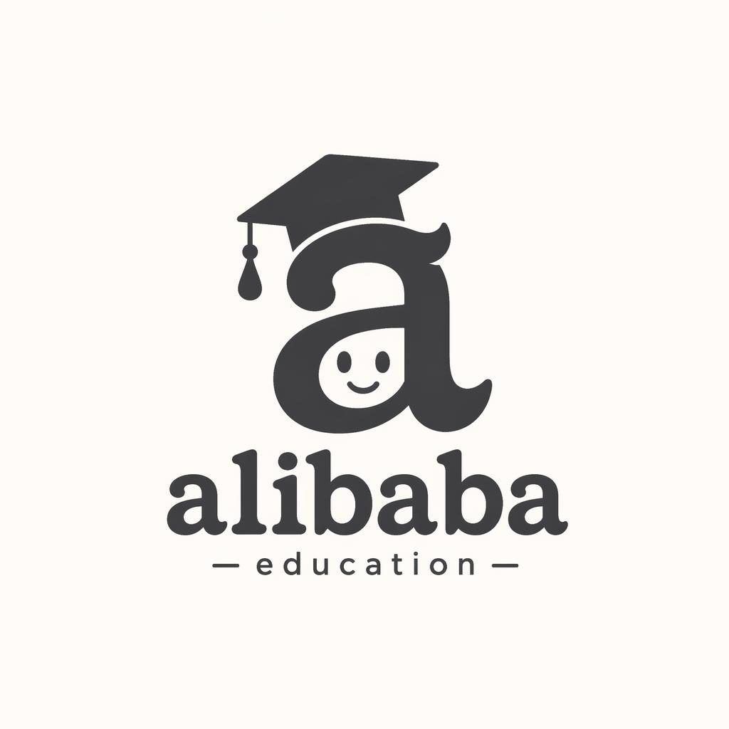 Playful monochrome lettermark logo for Alibaba education brand, centered on a neutral background in vector style.