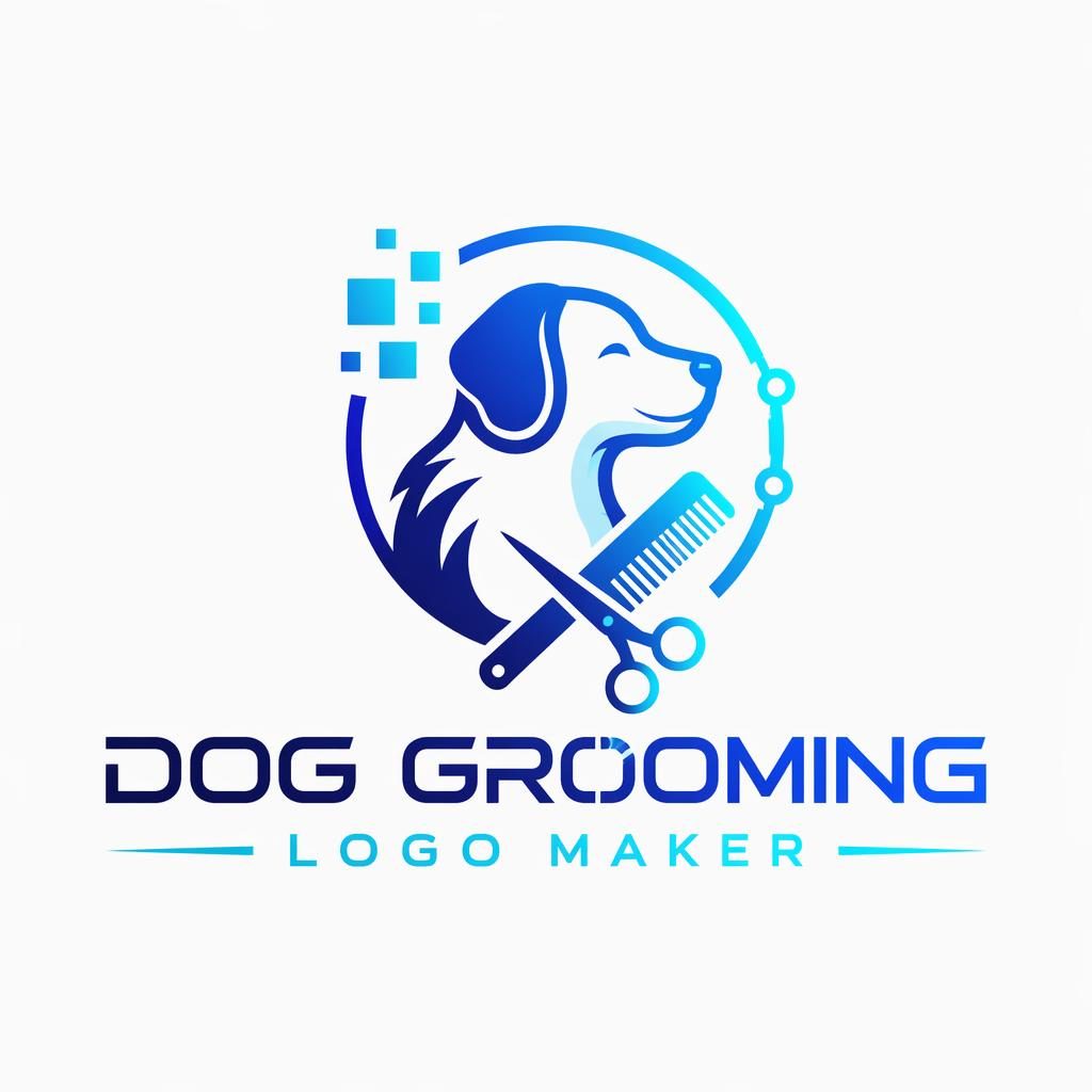 Centered vector logo for dog grooming logo maker with wordmark and futuristic dog icon in blue and cyan
