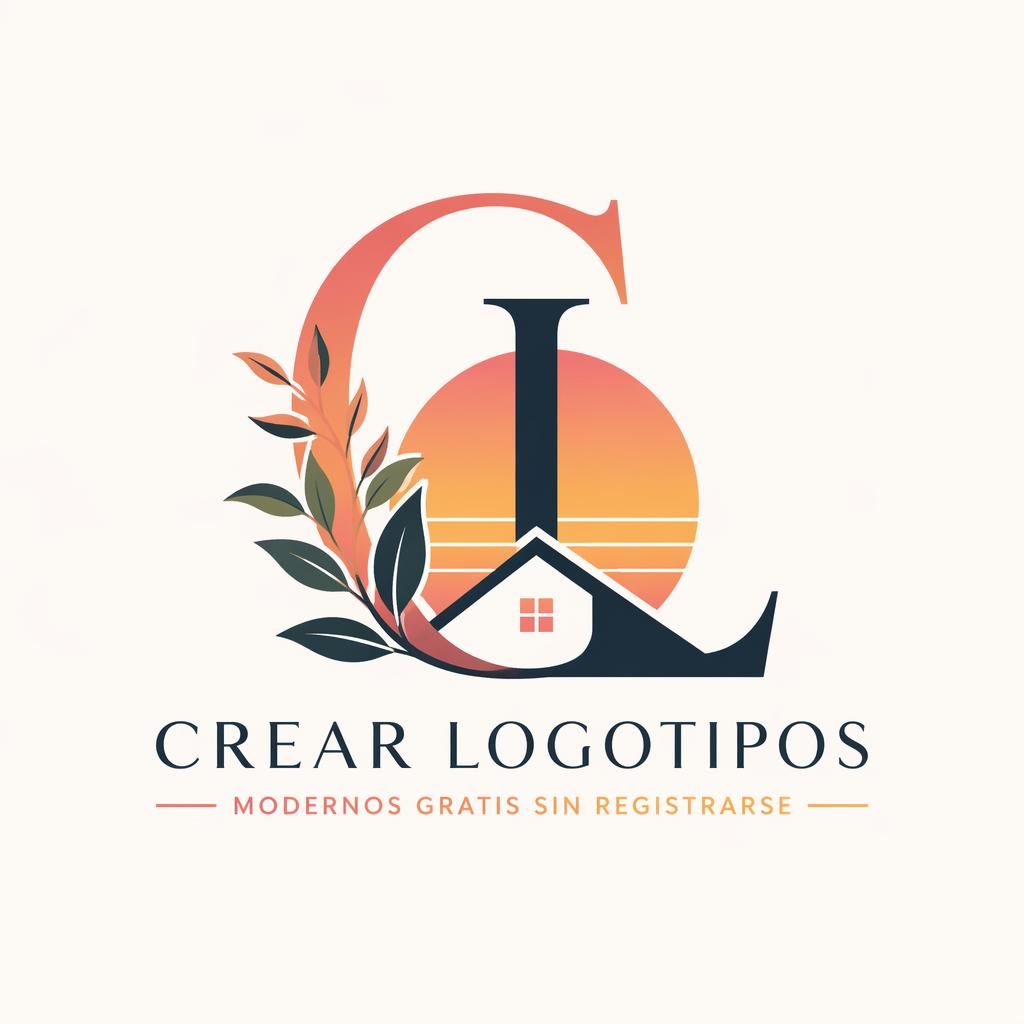 Logotipo monograma inmobiliario con ilustración botánica, degradado atardecer, tipografía moderna y fondo neutro.