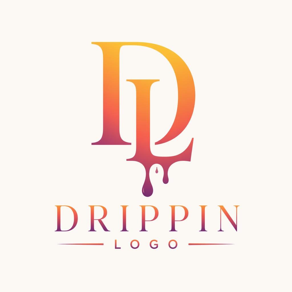 Centered lettermark logo for drippin logo in elegant serif type with a sunset gradient on a neutral background.