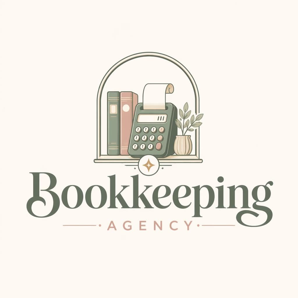 Centered vintage retro bookkeeping logo with wordmark and icon in a soft pastel palette on a neutral background.