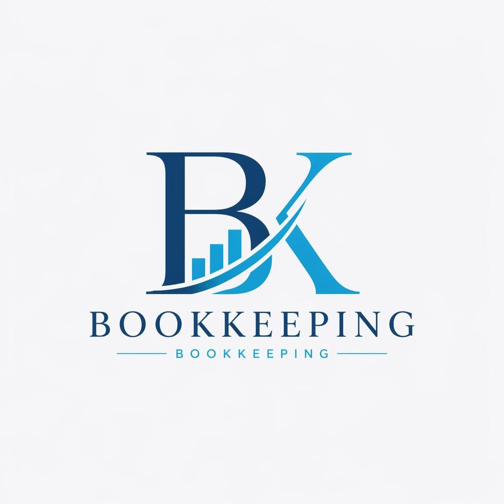 Centered lettermark bookkeeping logo in elegant serif type, blue and cyan palette, on a neutral square background.
