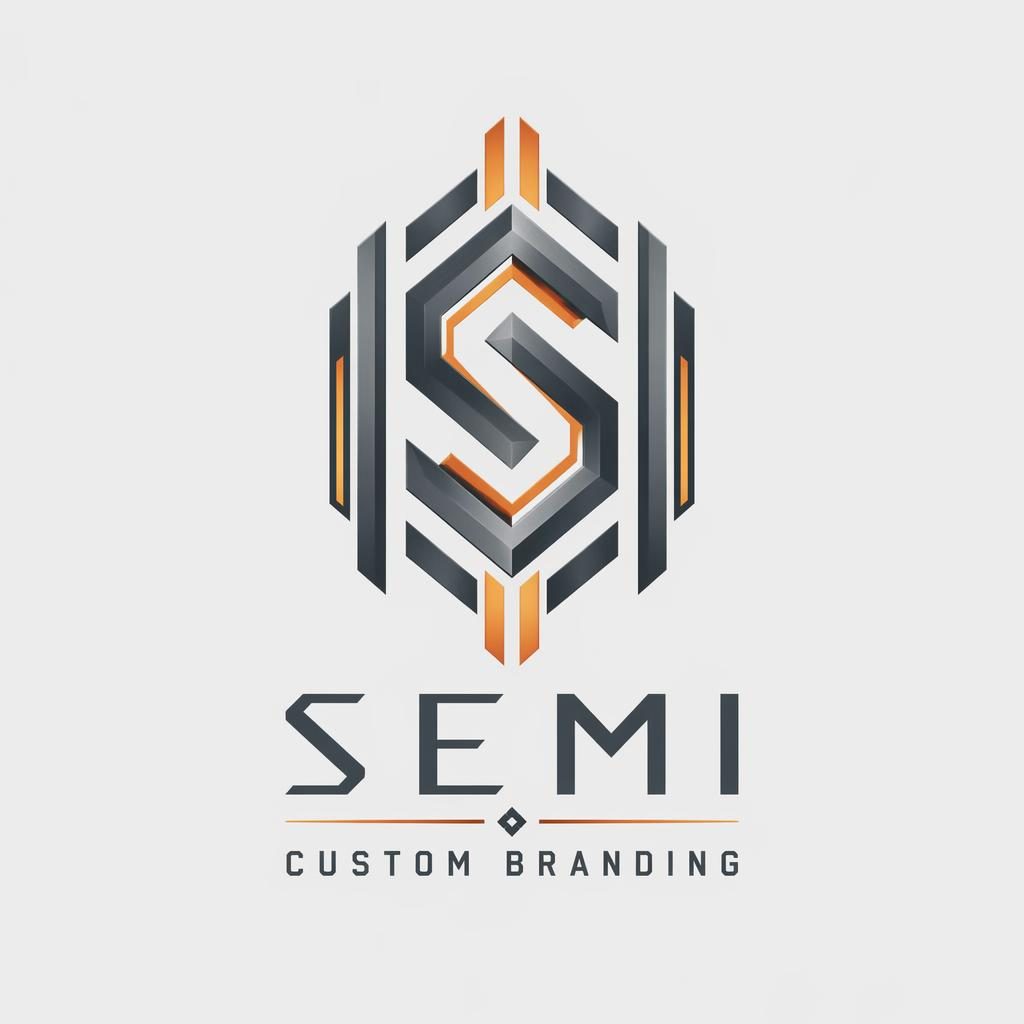 Abstract gaming logo for semi custom branding with art deco lines, gray and orange palette, centered on a neutral background.