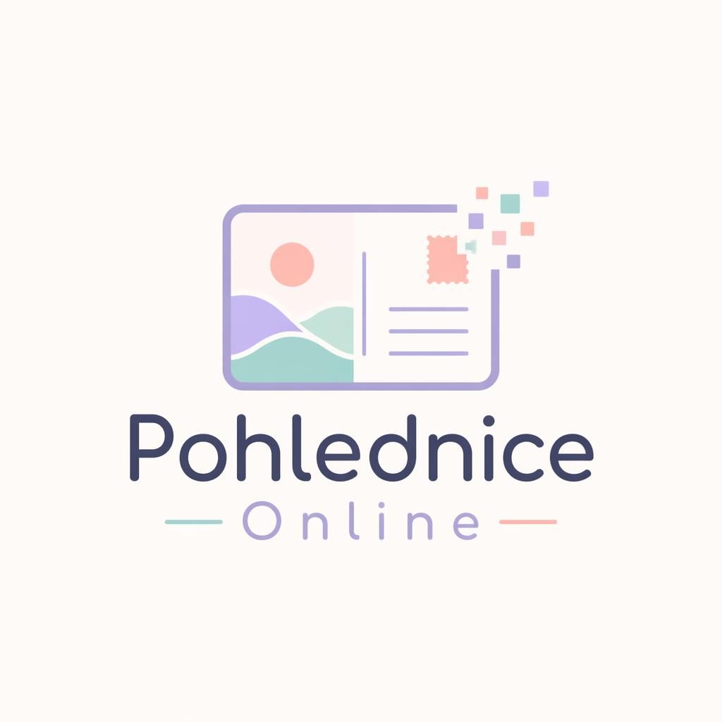 Minimalistické logo Pohlednice Online s ikonou pohlednice a jemnými digitálními prvky na neutrálním pozadí.