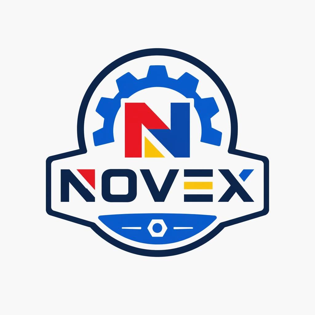 Modern minimalist emblem badge logo for Novex with playful primary colors, centered on a neutral background.