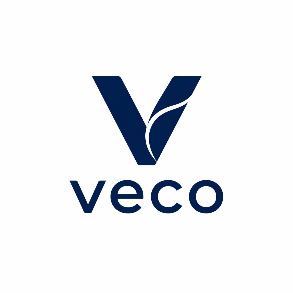 Geometric navy and white Veco lettermark logo centered on a neutral background in a clean minimal vector style.