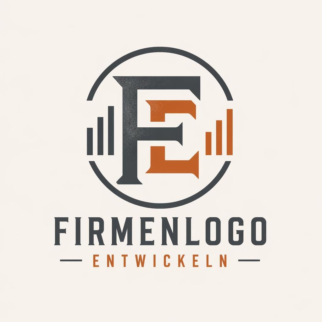 Zentriertes Monogramm-Logo für Fintech in Grau und Orange, im Vintage-Retro-Stil auf neutralem Hintergrund.